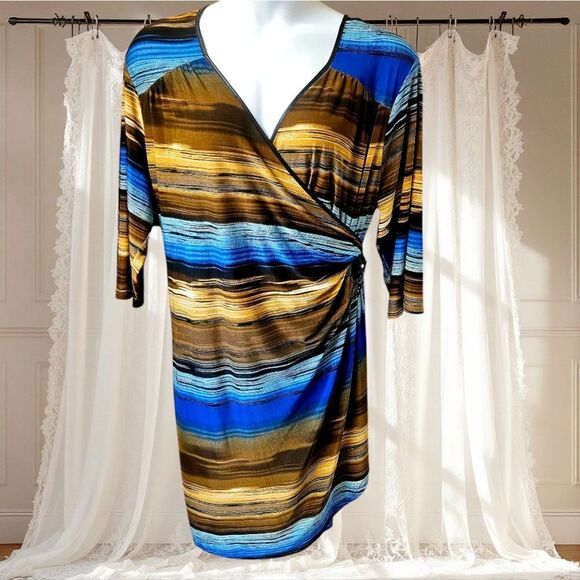 MLLE GABRIALLE Plus Size Multi- Color Stripped Wrap 1/2'Sleeve Midi Dress 3X - Picture 1 of 15